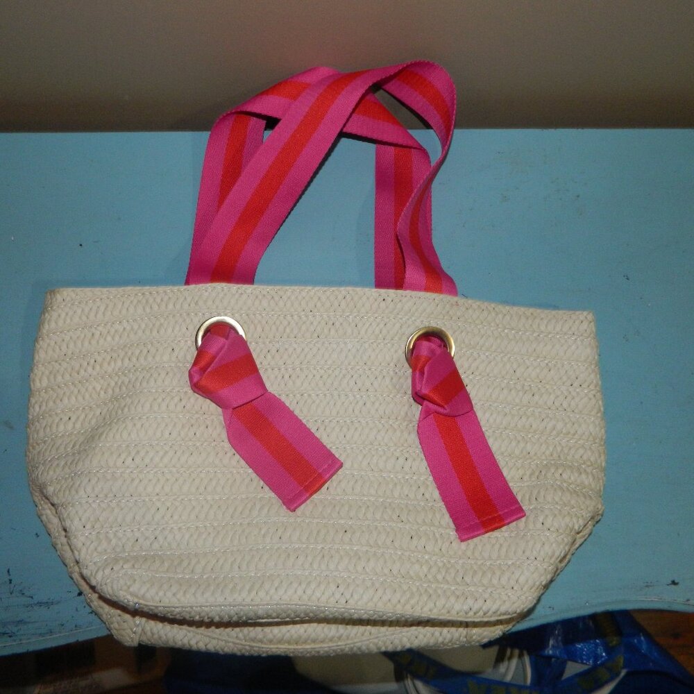 Mark & Graham Ribbon Straw Beach Tote Orange/Orchid NWOT